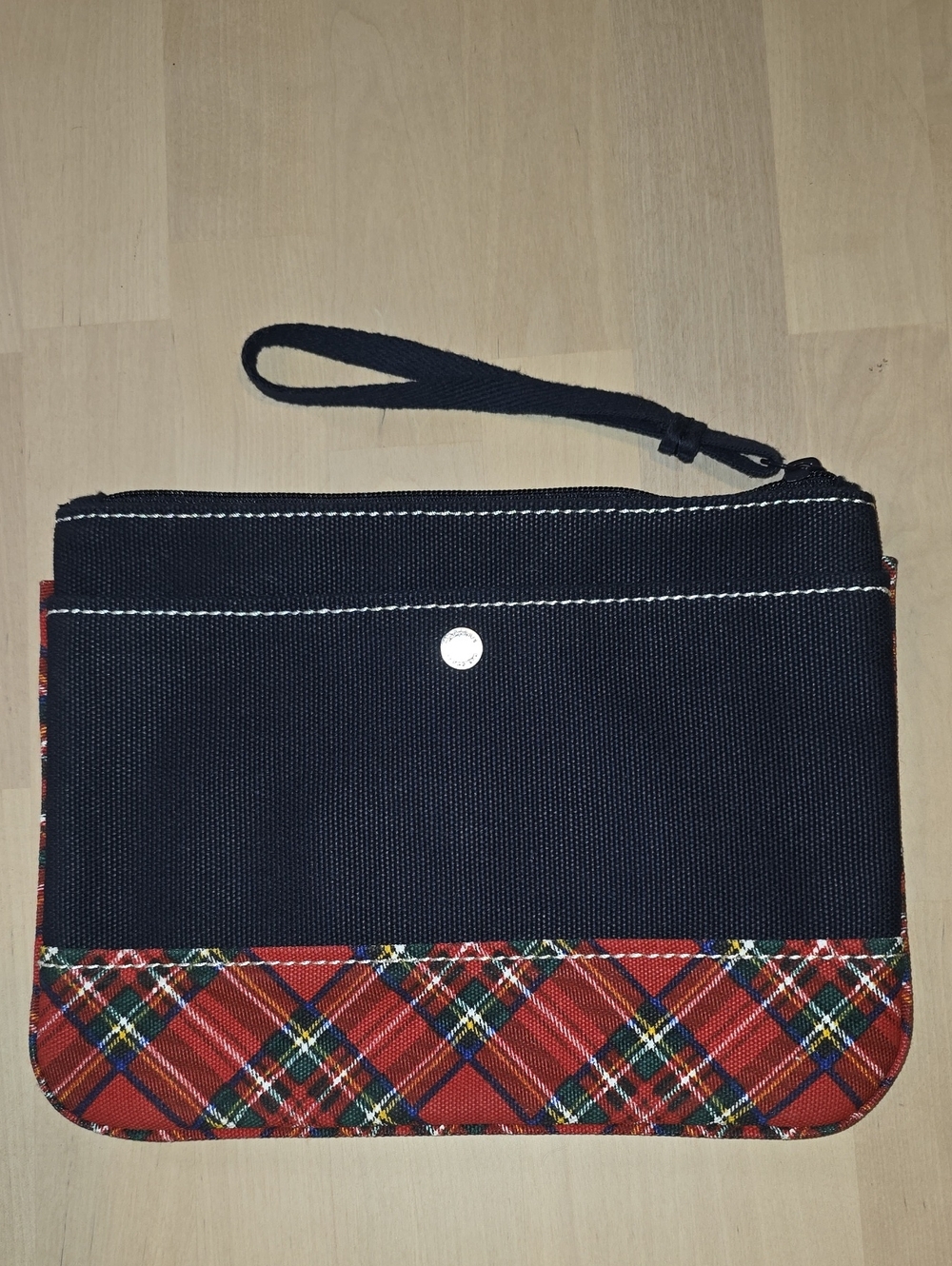 Land's End Canvas Zippered Black Wristlet Clutch with Red Tartan Trim